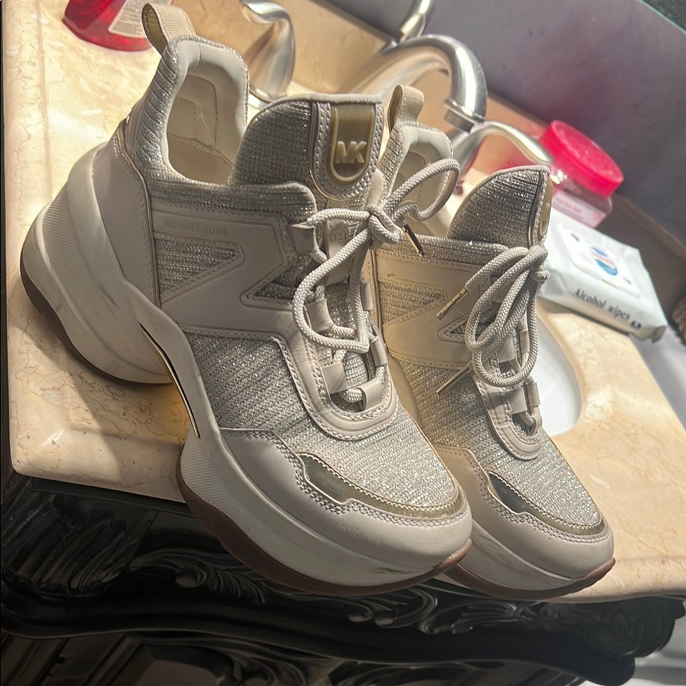 Michael Kors Cream and Gold Platform Lace-Up Sneakers